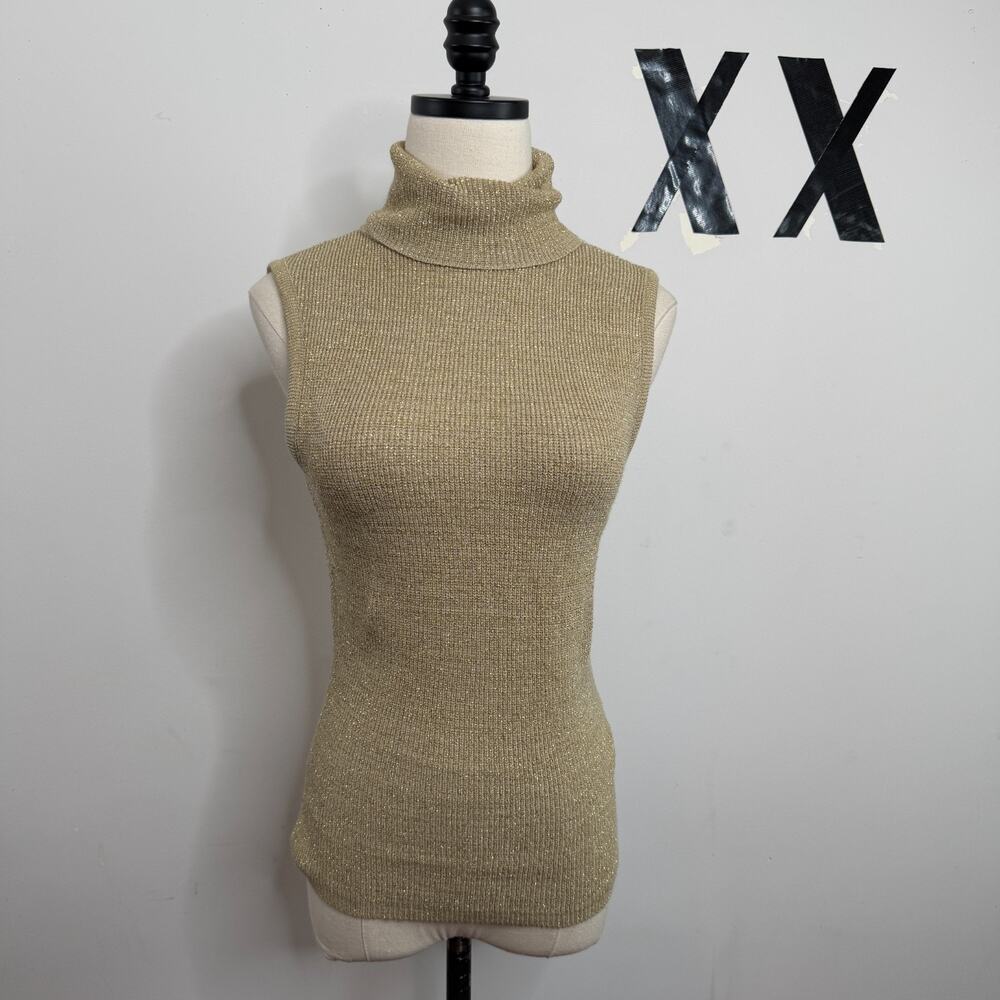 Vintage 90s Gold Champagne Metallic Ribbed Knit Sleeveless Turtleneck Top M